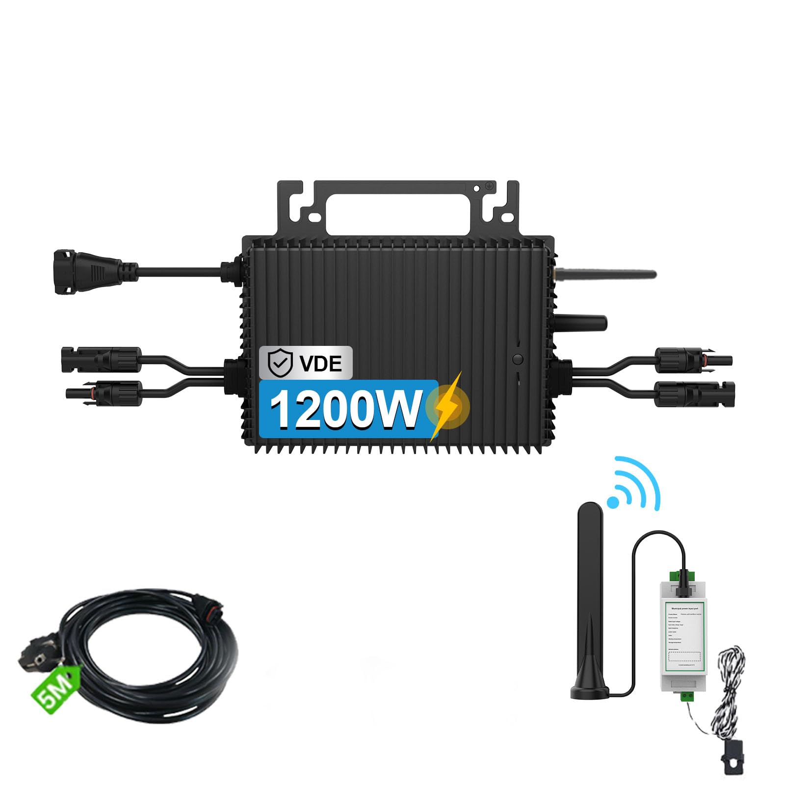 Rückflussverhinderer Mikro Wechselrichter 1200w, Solar PV Wechselrichter mit WLAN, IP67 wasserdicht, mit 5m AC Kabel für Balkonkraftwerk, integrierter MPPT， App Steuerung Plug Play