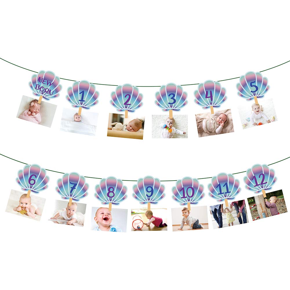 Mermaid 1st Birthday Photo Banner - Newborn to 12 Monthly Picture Display - Monthly Milestone Photograph Bunting Garland - Little Mermaid Party