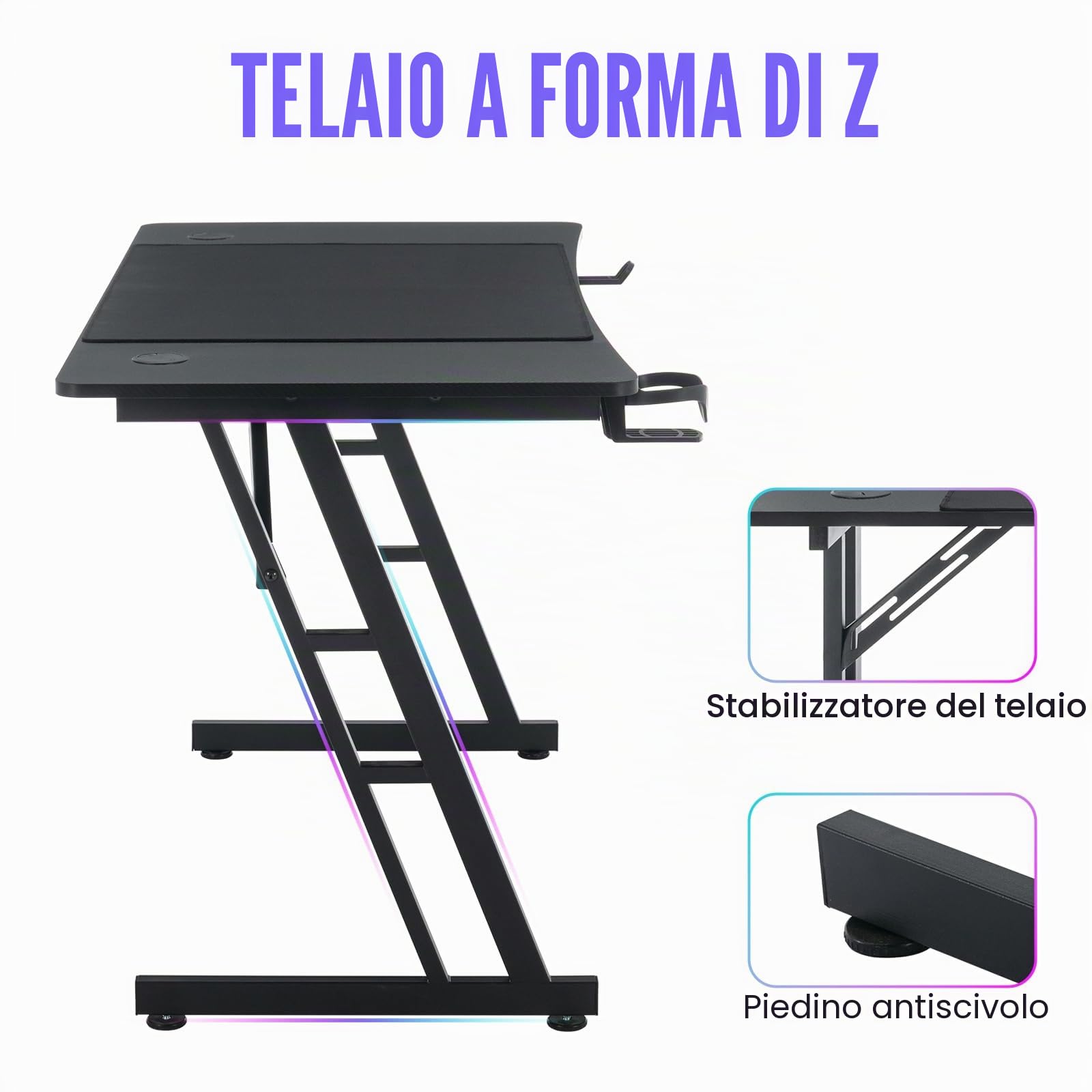 Scrivania Gaming 120x60cm, Scrivanie Gaming con Ganci per Cuffie e Porta Bicchiere, Tavolo Gaming Computer Ergonomica di Telaio Z Stabile, Postazione PC Gaming Fibra di Carbonio, Facile da Montare