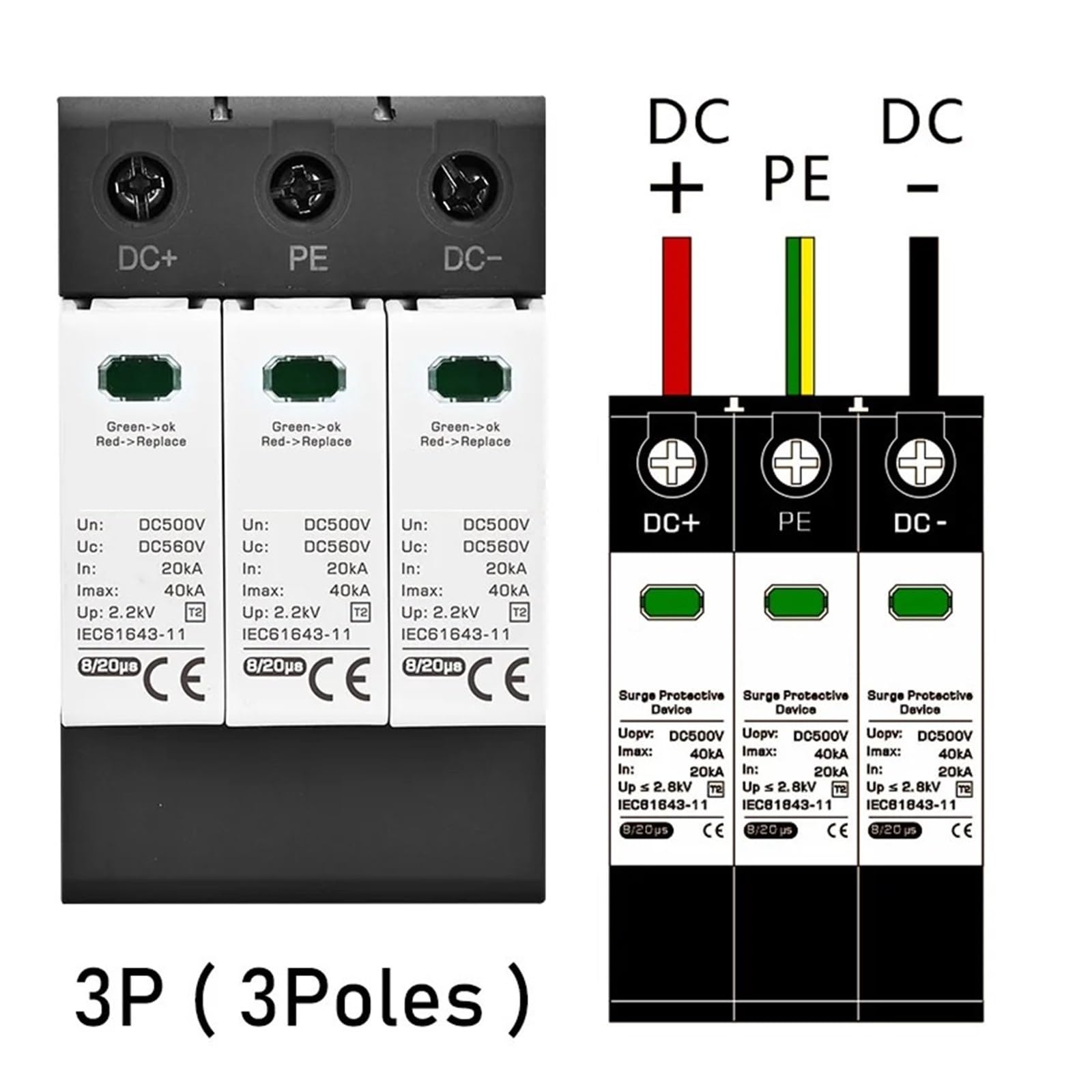 Protezione da sovratensione CC energetica | DC SPD 100V 250V 500V 800V 1000V Scaricatore di sovratensione Protettivo Parafulmini 20KA 40KA 60KA(3P,DC100V)