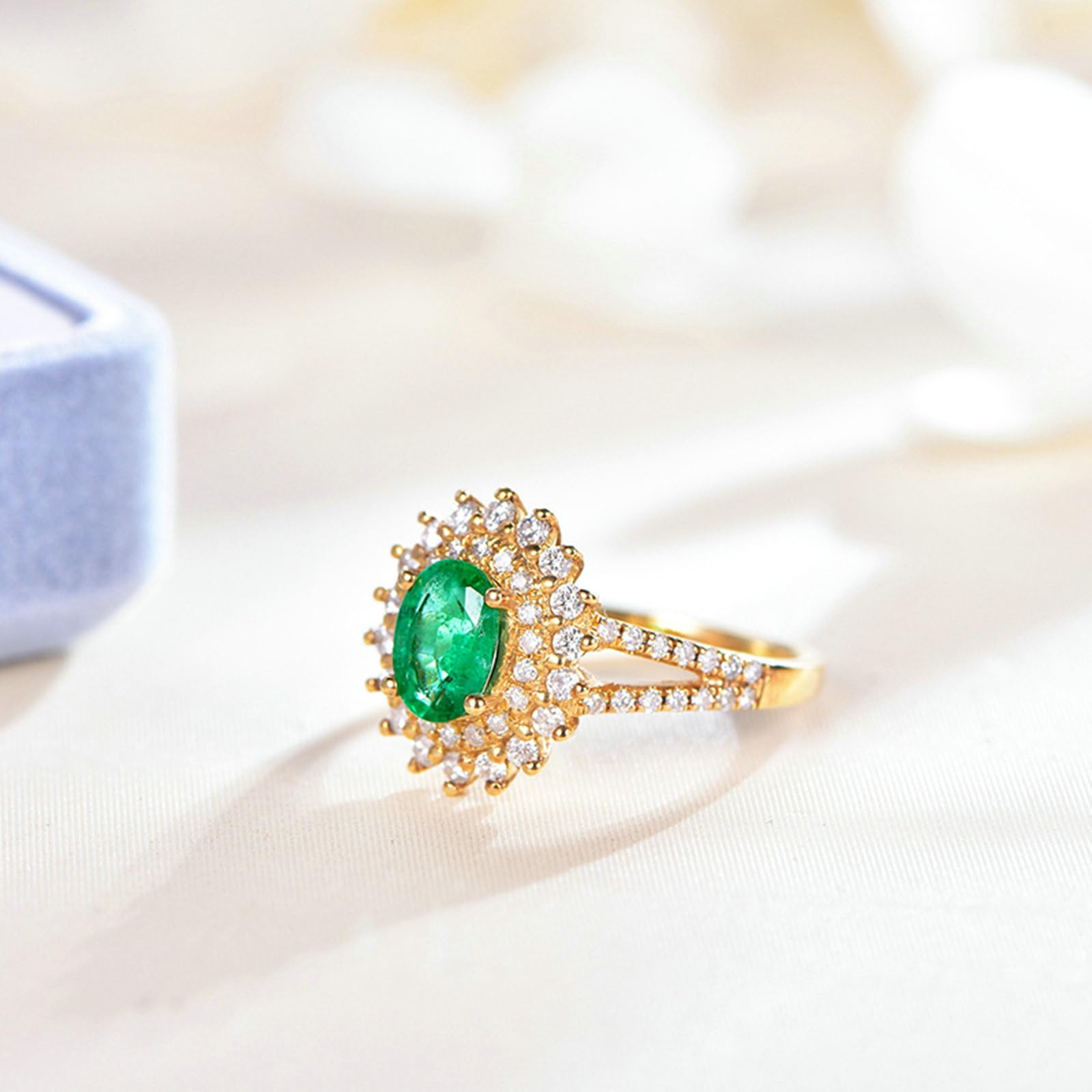 Anillo de boda para mujer, oro de 18 quilates, 14 quilates, 9 quilates, talla H 1/2-V 1/2, anillos de compromiso con girasol con esmeralda de 0,7 quilates y moissanita de 0,5 quilates