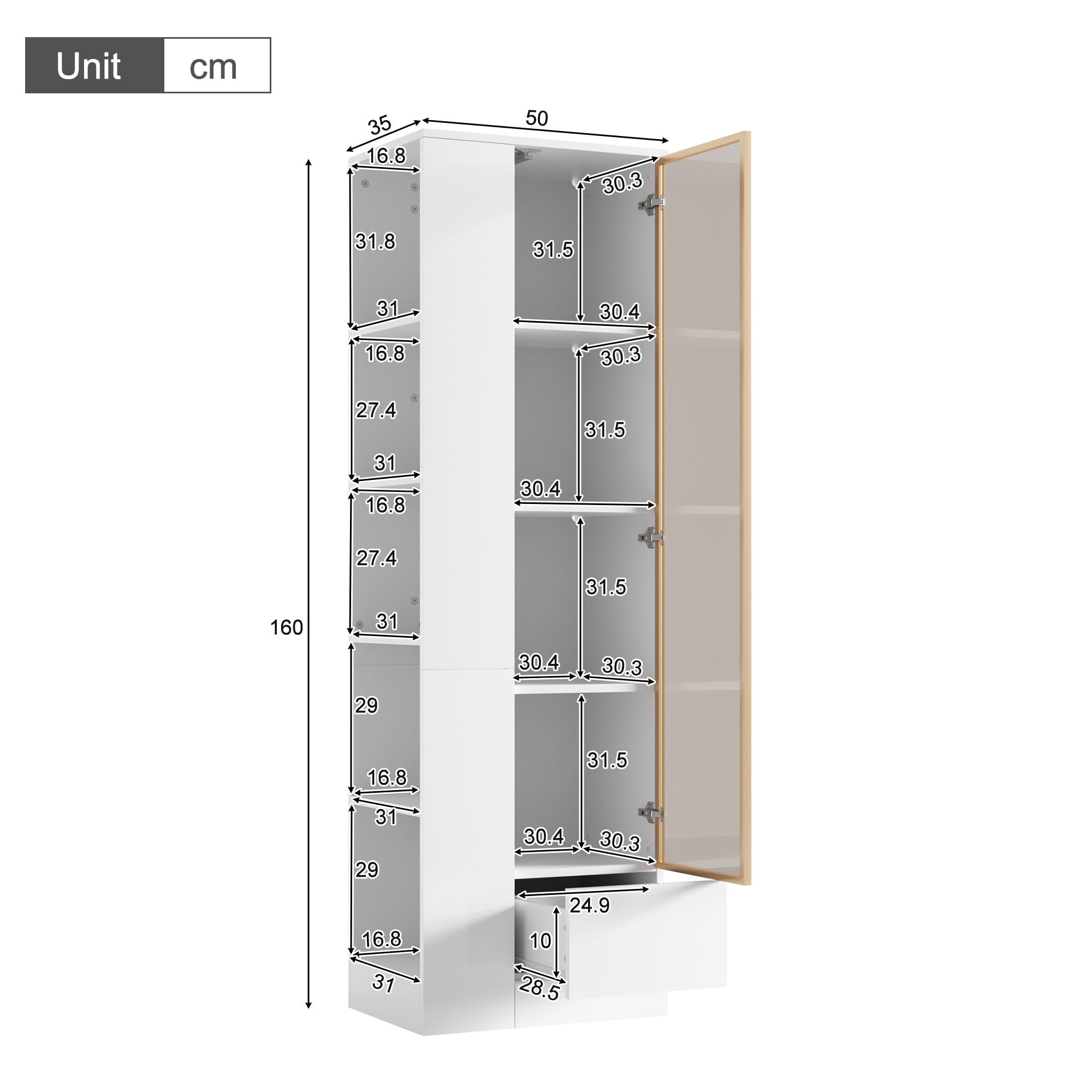 Vitrina de cristal, 50 x 35 x 160 cm, vitrina de pie