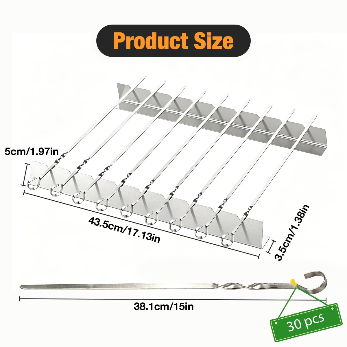 Set de 30 Brochettes Barbecue en Acier Inoxydable 40cm avec 2 Supports de Cuisson à 9 Encoches, Pique à Brochette Plate pour Grillade Jardin, Accessoire Barbecue Inox Lavable au Lave-Vaisselle
