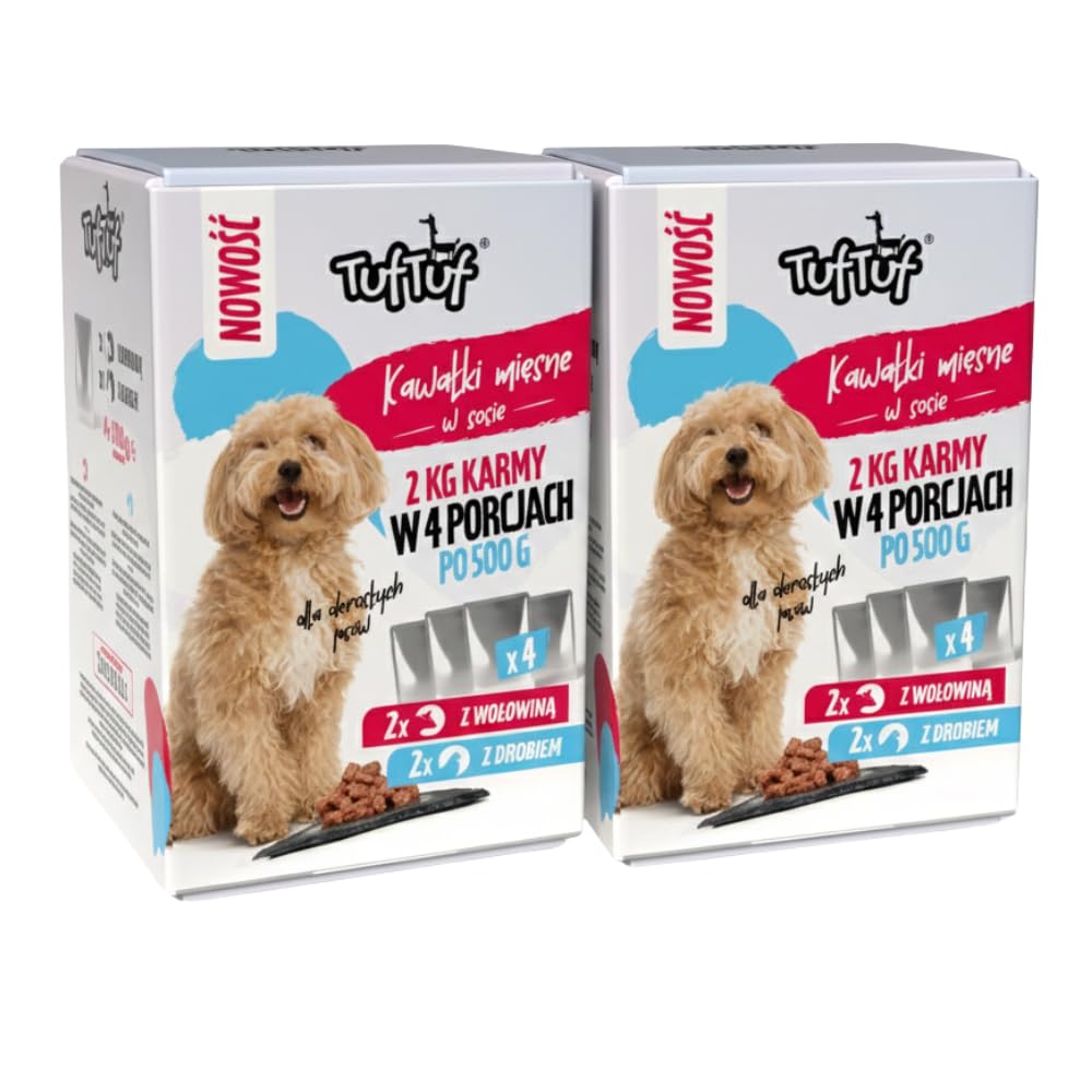 TufTuf Mokra Karma dla Psa MIX Wołowina i Drób 2 kg dla Dorosłych Psów w Sosie Witaminy A D3 E 4 Saszetki po 500 g 2 Opakowania