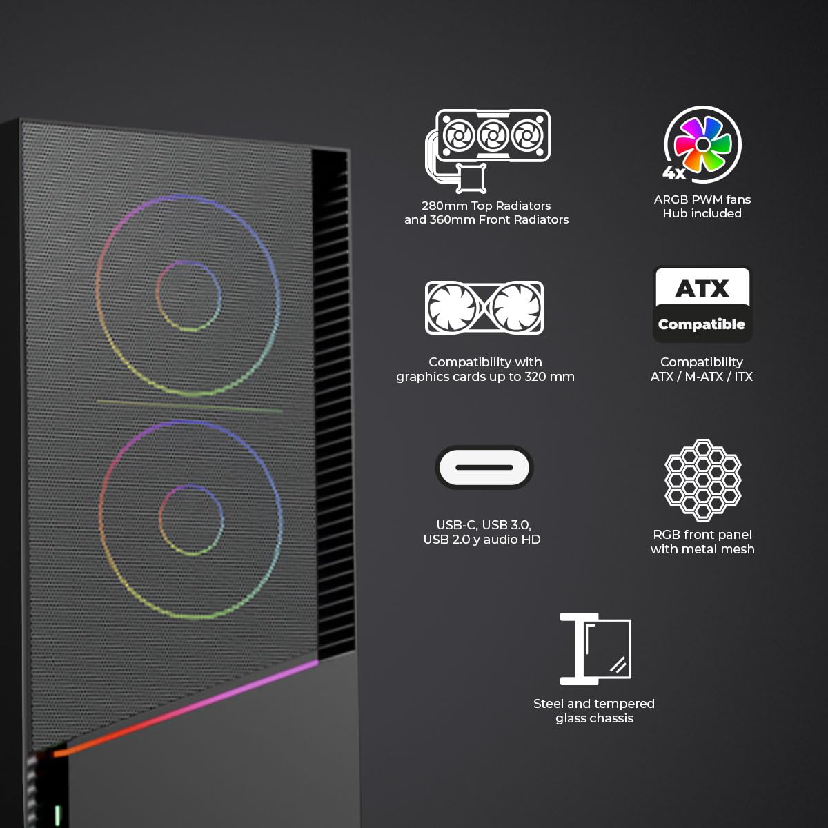 YEYIAN Case Gamer Elara Mid-Tower - Compatibile ATX/M-ATX/ITX - Pannello in Vetro Temperato - 4 Ventole ARGB Incluse (3 Anteriori + 1 Posteriore) - Nero