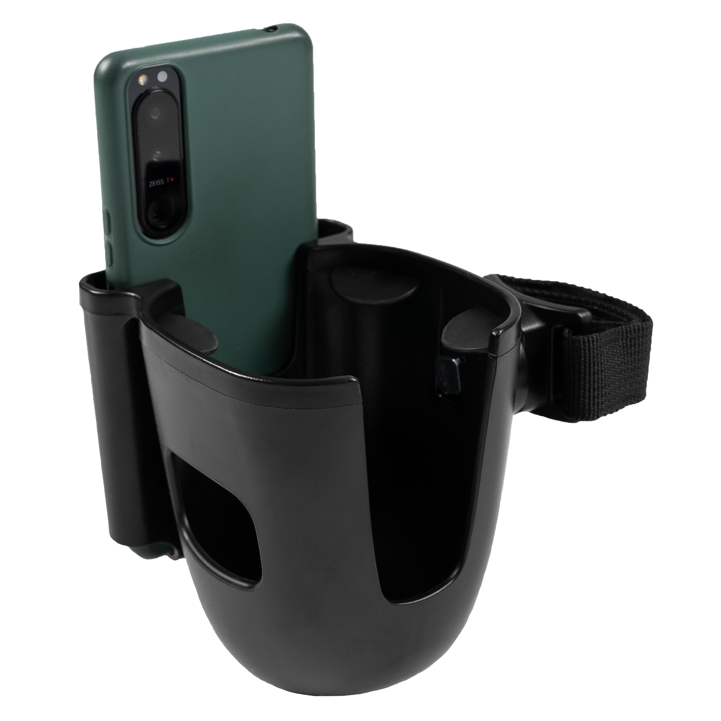 Zamboo Porta bottiglie Carrello con supporto per cellulare | Supporto per bevande universale 2 in 1 per bicchieri - Biberon e smartphone | Girevole a 360° | Facile da montare - Nero