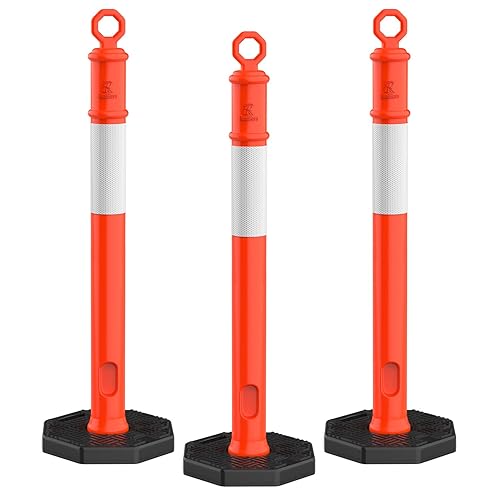 RoadHero Paquete de 3 postes de delineador de 45 pulgadas con base, postes de delineador de tráfico naranja con collares reflectantes para