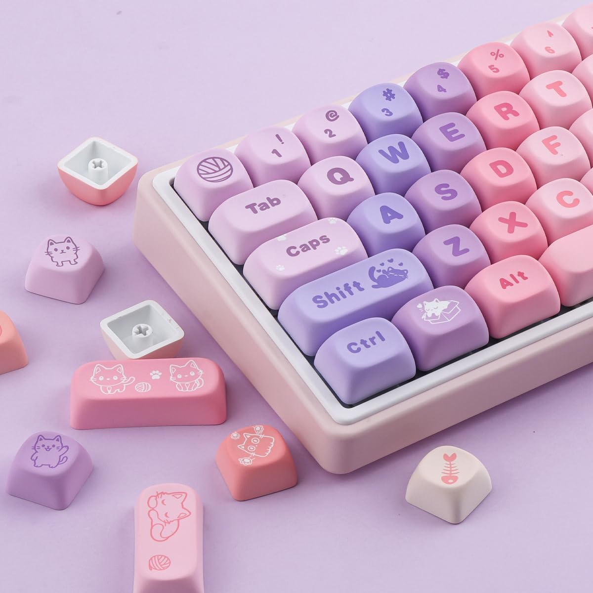 PBT Keycaps 136 Keys MOA Keycaps, Gradient Cat Keycap Dye-Sublimation Cute Custom Keycap Set for Cherry Gateron MX Swithes Mechanical Gaming Keyboards
