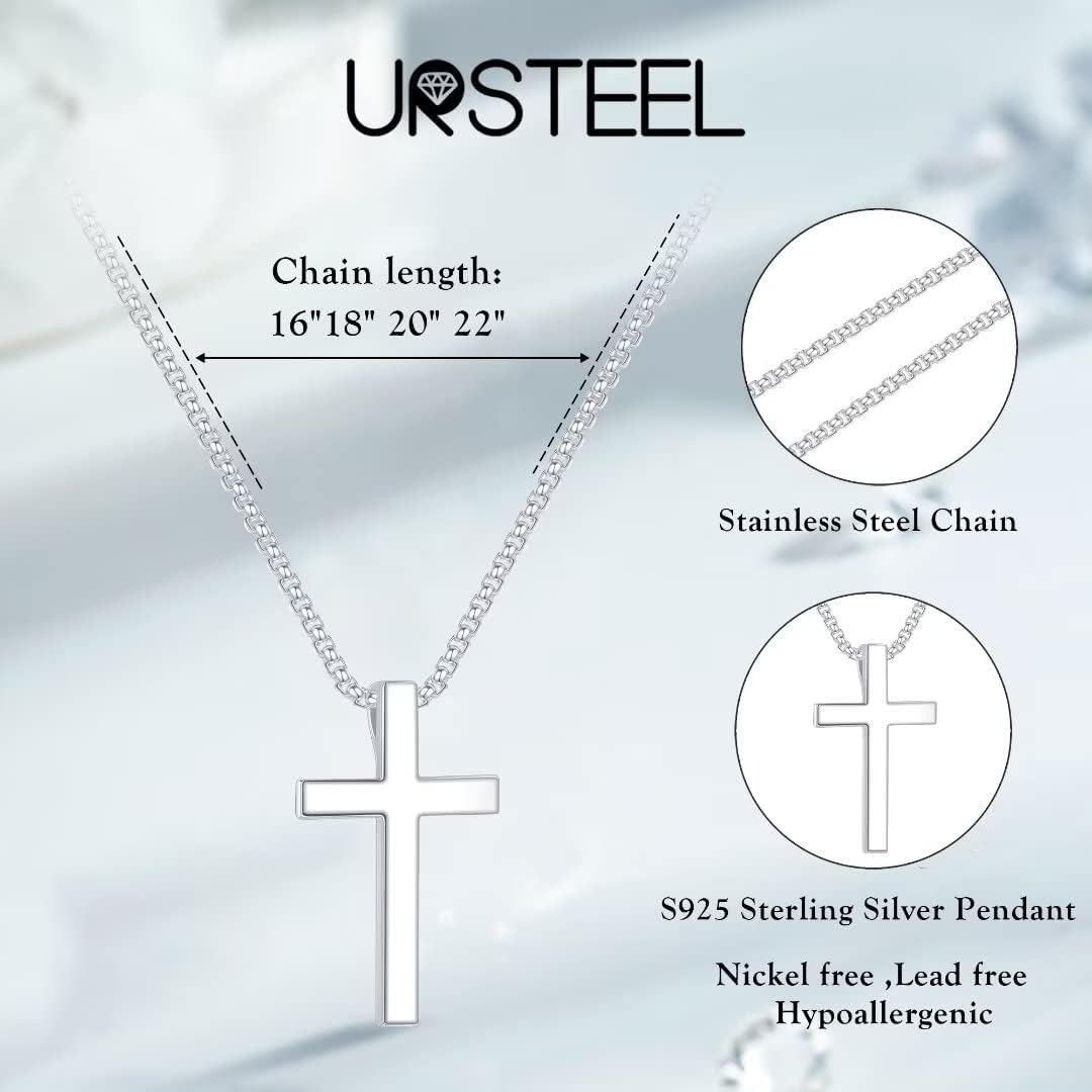 Miniatura 5 de Ursteel 925 Sterling Silver Cross Pendant Cross Necklace for Men, Mens Cross Necklace 18K Gold Black Silver Stainless Steel Chain Necklace for Men