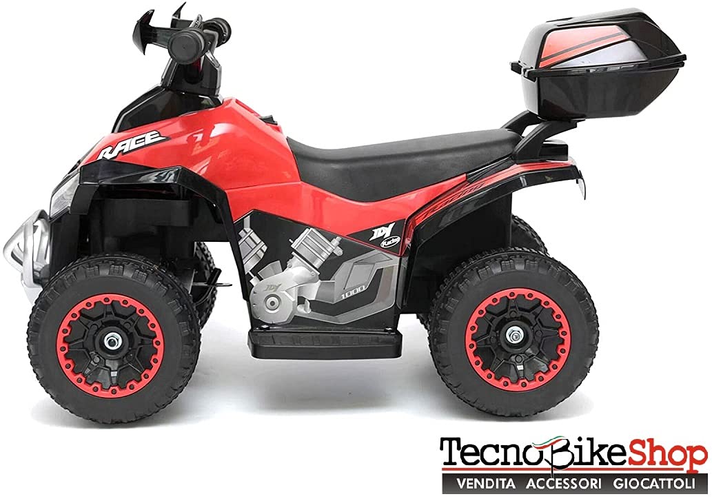 Tecnobike Shop Mini quad Deluxe 6 V, lumières sonores, batterie rechargeable, marche avant et arrière, coffre et pare-brise (rouge)