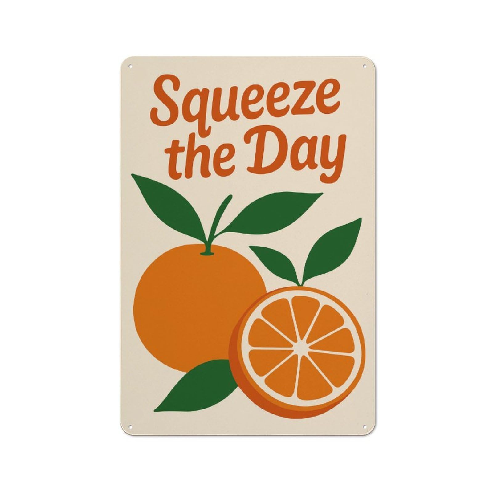 Metal Wall Plaque with Squeeze The Day Orange Illustration Design 30x20cm, Retro Room Wall Plaque for Home, Shop, Pub Or Studio Wall