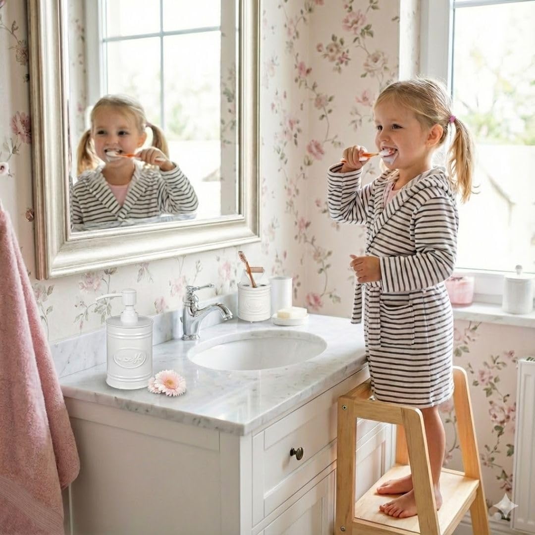 Autumn Alley Juego de accesorios de baño blancos de granja, dispensador de jabón de baño y soporte para cepillos de dientes, accesorios de baño modernos de granja, decoración de granja para encimera