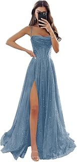 Women's Glitter Tulle Prom Dresses with Spaghetti Straps for Teens Cowl Neck Long Formal Evening Ball Gown with Slit
