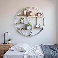 Vista 2 de Estante redondo de pared, estante circular de metal de 24 pulgadas, estantes flotantes de madera, estante organizador de exhibición plateado rústico