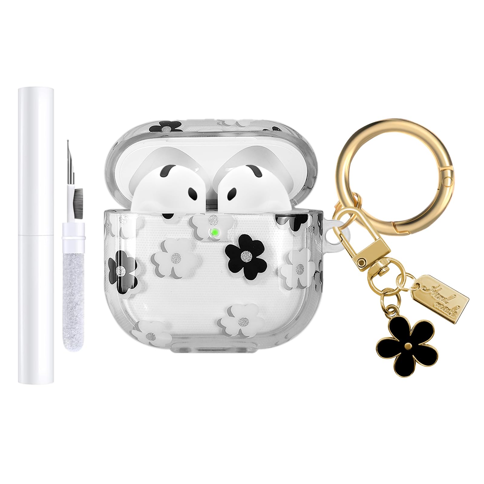 AIIEKZ Compatible with AirPods 4 Case Cover 2024, Soft TPU with Cute Flower Pattern for AirPods 4th Generation Case with Flower Keychain and Cleaning