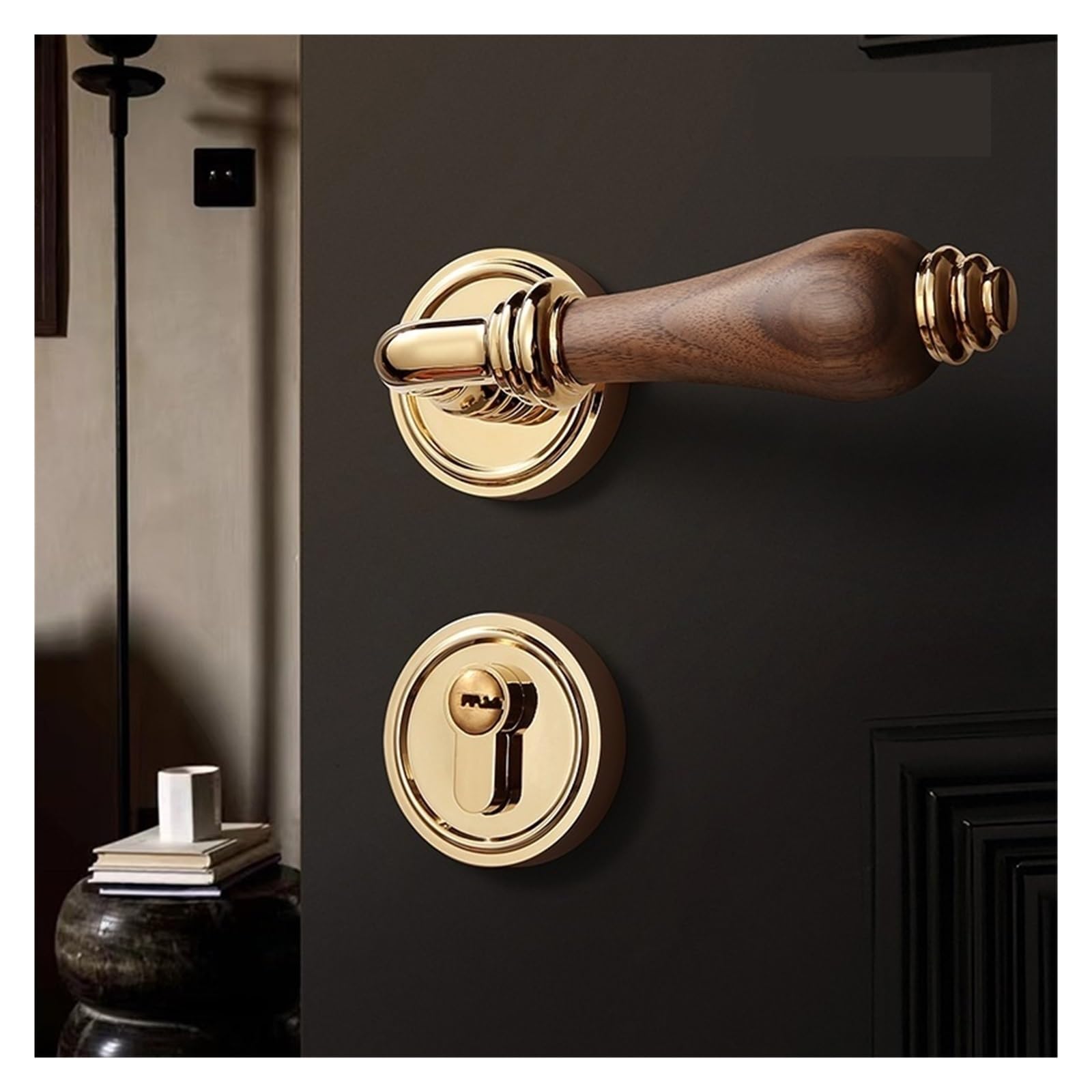 Serrure de porte chambre style chinois et poignée française en bois massif, finition dorée