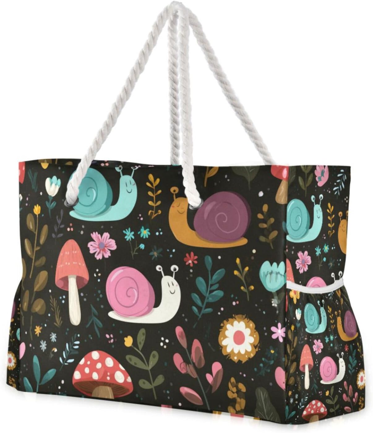 OTVEE Snails Mushrooms and Flowers Pattern Beach Bags for Women Ladies Large Canvas Tote Shoulder Bag Waterproof Travel Bags for Gym Swim Pool Camping