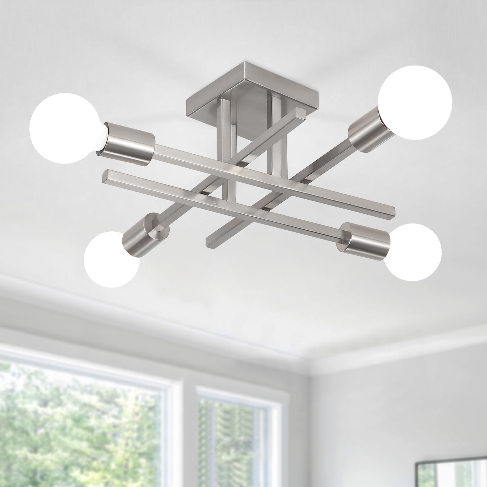 Lustre Plafonnier Vintage Industriel, 4 Lumières Lustre Moderne Salon Chambre Cuisine, Industrielle Luminaire Plafonnier E27 pour Salle a Manger, Couloir, Nickel