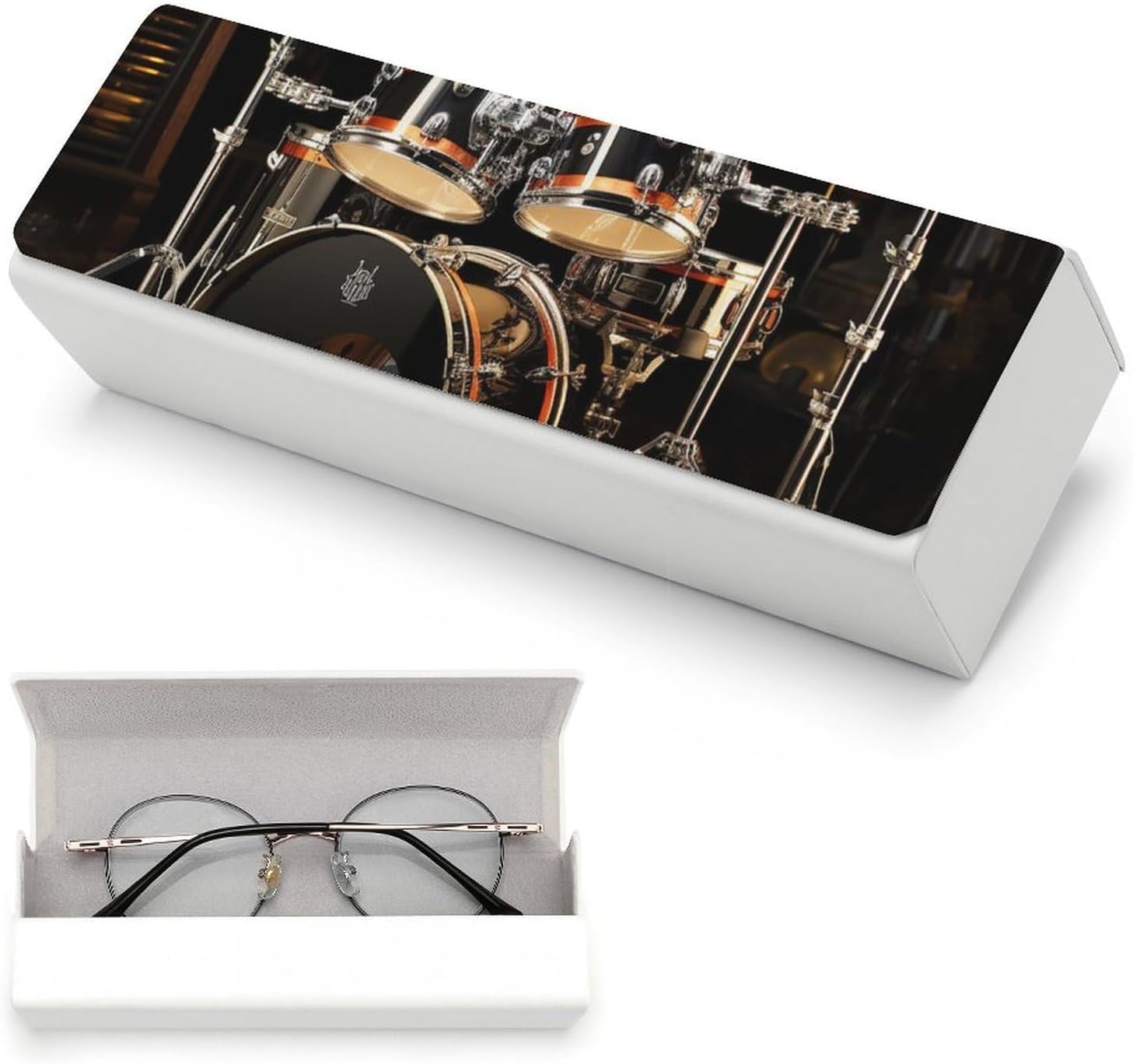 Hard Shell Eyeglasses Case, Leather Sunglasses Box with Cleaning Cloth, Magnetic Stripe Design, Unisex Portable Drum Set Eye Glass Case for Travel, Daily Use image 5