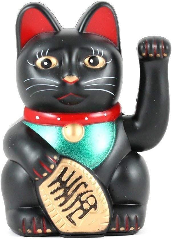 6" Black Fortune Cat Maneki Neko Waving Lucky Cat