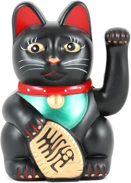 6" Black Fortune Cat Maneki Neko Figurine - Lucky Waving Cat
