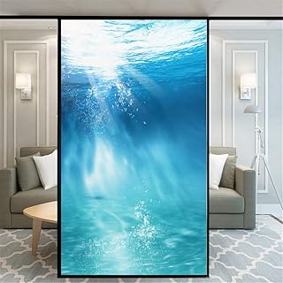 Xijier No Glue Decorative Privacy Frosted Window Film Blue Sea Pattern Glass Door Window Covering Window Decals Window Sticker for Home Office 40x120cm(15.7