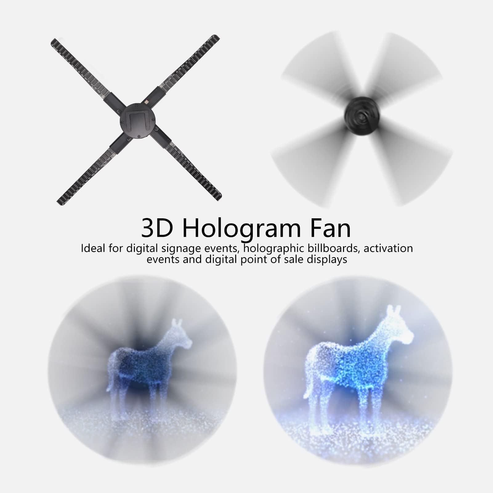 Proiettore ologramma 3D, telecomando, Bluetooth, controllo app, ventola LED con scheda di memoria da 8 GB per fiere e negozi