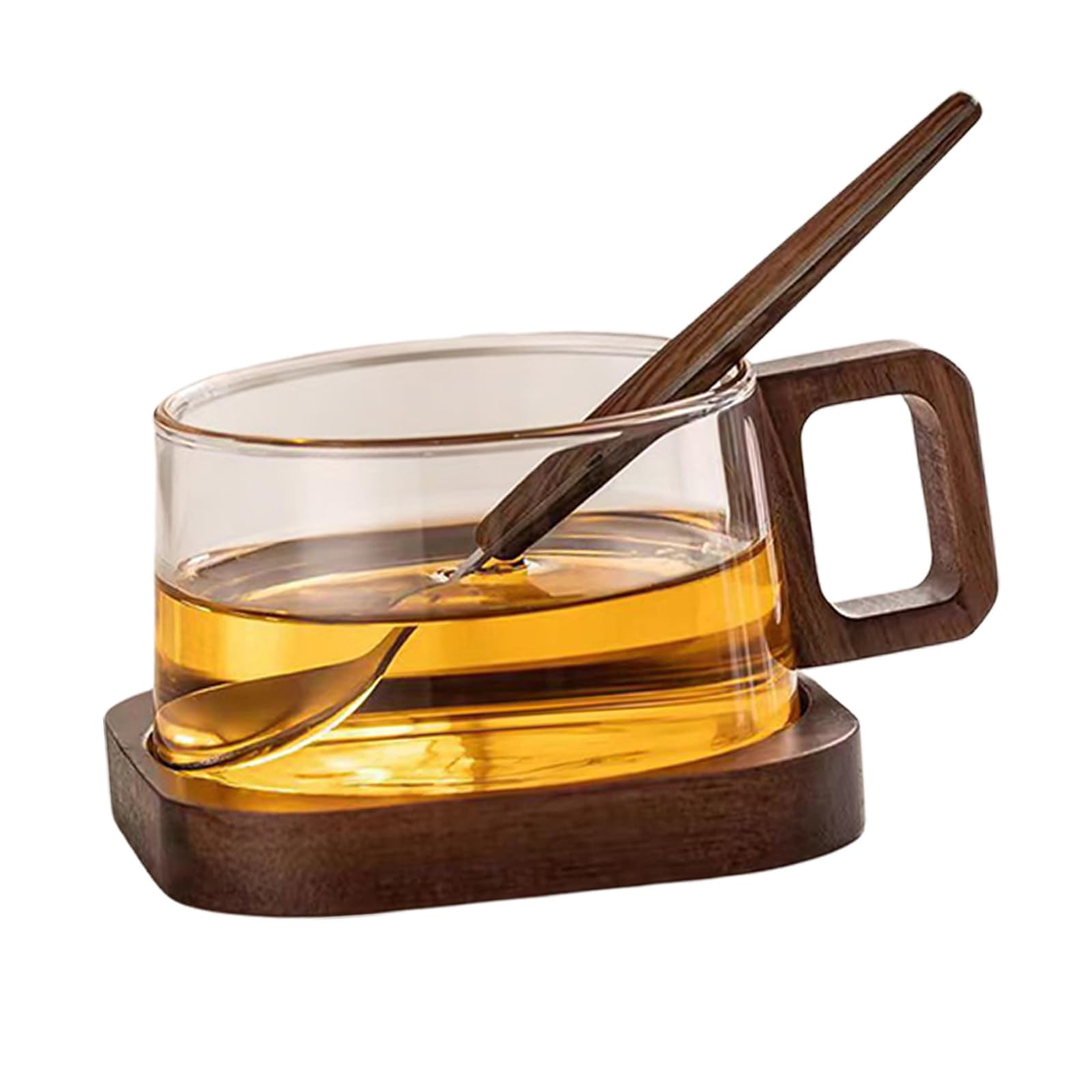 FGDTREE Clear Glass Drinking Cup with Ergonomic Wood Handle Coffee Mug Beverage Drinkware Glass Cup with Lid