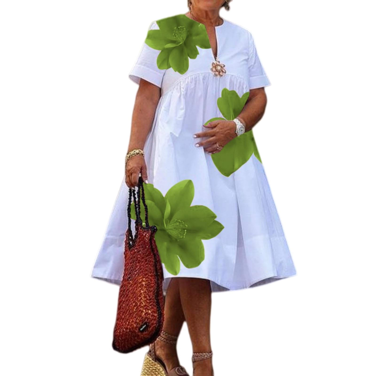 Vestito Elegante Donna Fiore Midi Abito V Collo Manica Corta Piegato Sciolto Vacanza Estivo Casual-Light Green-XXL