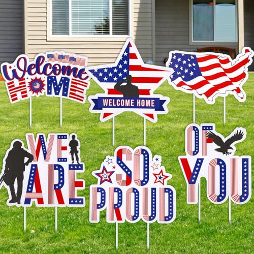Memorywuu 6 Pcs Military Welcome Home Yard Signs with Stakes We Missed Military Pride and Proud of You Camo Patriotic Lawn Sign for Soldier Veteran Deployment Return 4th of July Decor(Proud of You)