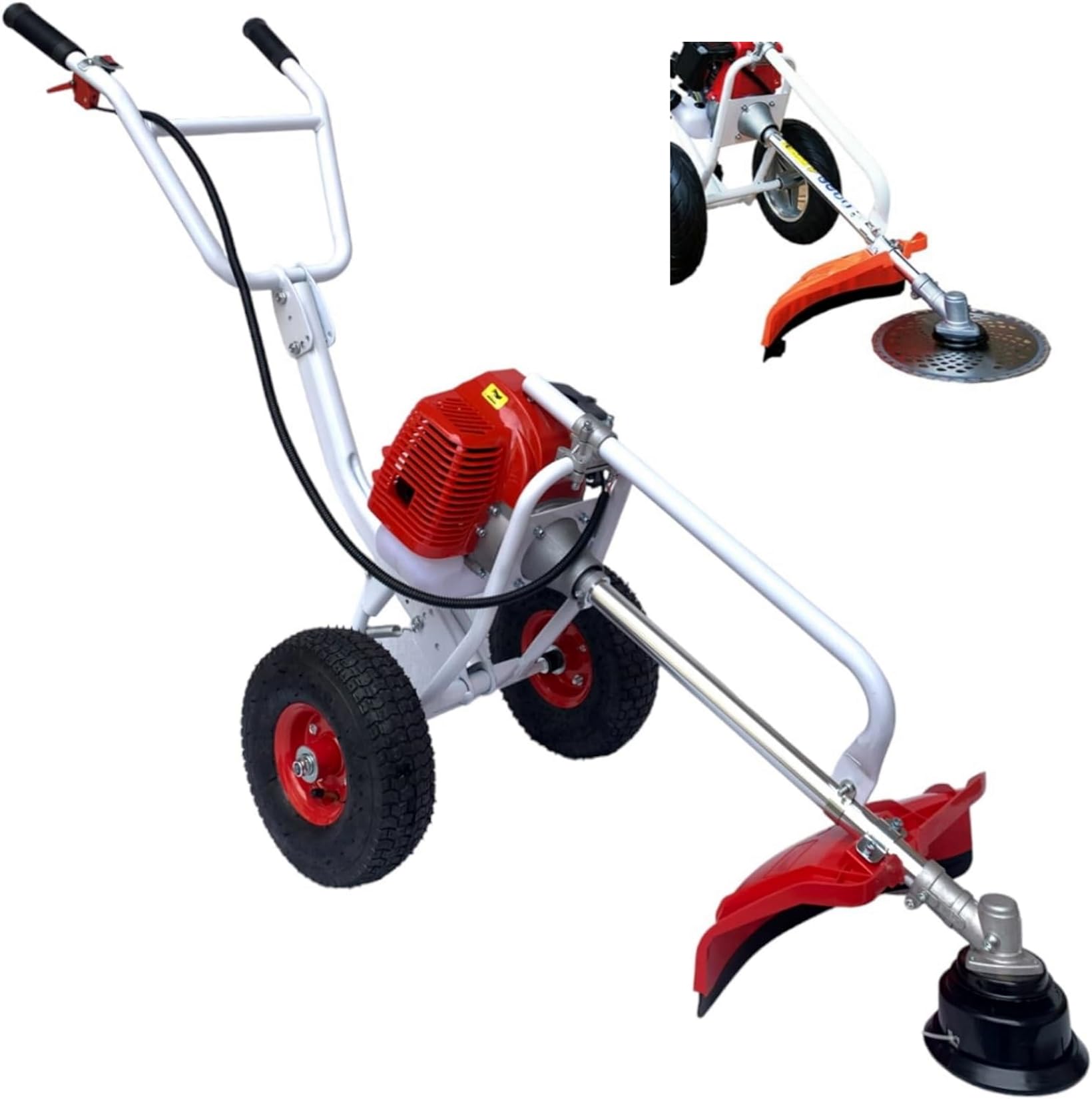Decespugliatore Tagliaerba Tosaerba Rasaeraba a Scoppio 63cc Motore 2 Tempi con Ruote Carrellato Carrozzella Progettato per Grandi Aree e per la vostra Schiena (Cod. 6104)