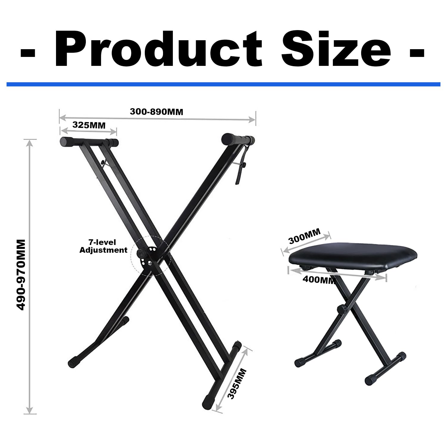 Supporto Tastiera Musicale,Sgabello Pianoforte Regolabile,Regolabile in Altezza,Doppio X-Frame Keyboard Stand Set di Sgabelli per Tastiera Pieghevole,Panchetta Imbottita Regolabila in 4 Posizioni