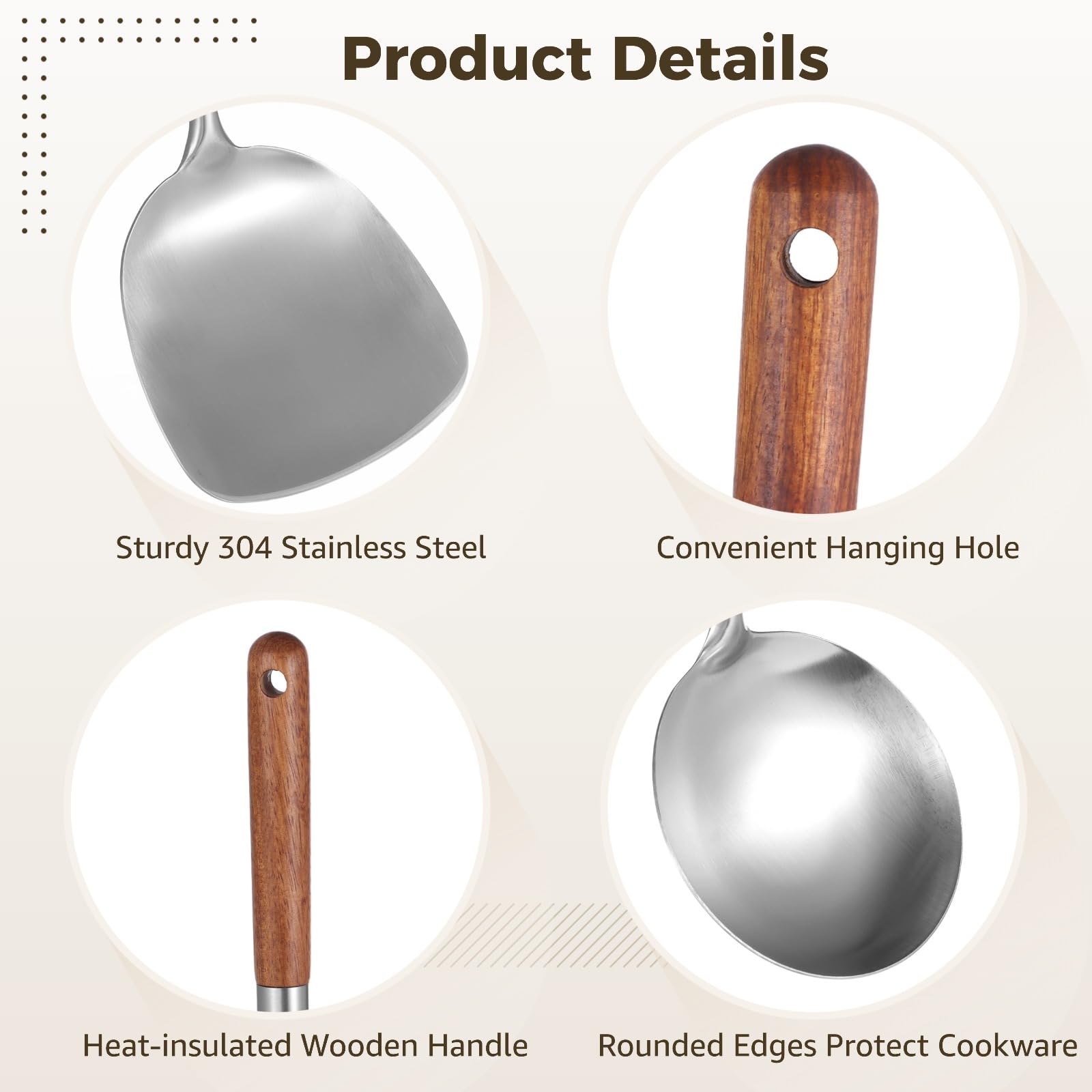 Set de 4 ustensiles pour wok en acier inoxydable, spatule, louche, écumoire et spatule ajourée, poignées en bois isolantes, pour cuisson au wok, faciles à nettoyer