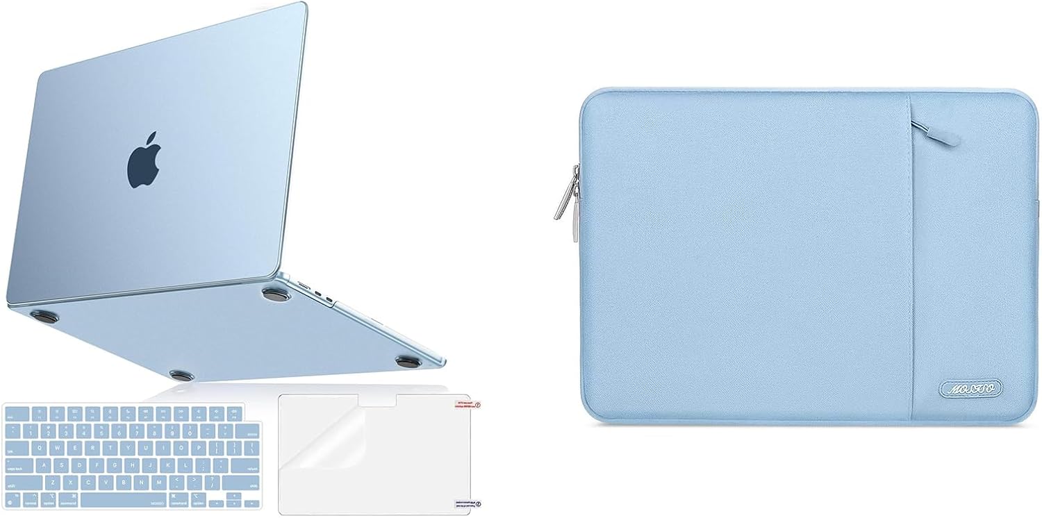 MOSISO Compatible with MacBook Air 13 inch Case 202-2022 M4 A3240 M3 A3113 M2 A2681,100% Match Official Color,Slim Hard Case&Keyboard Cover&Screen Film&Polyester Sleeve Bag, Sky Blue Clear&Air Blue