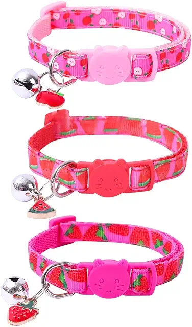 3pcs Pink Fruit Cat Collars with Bell - Adjustable Pet Collar Set