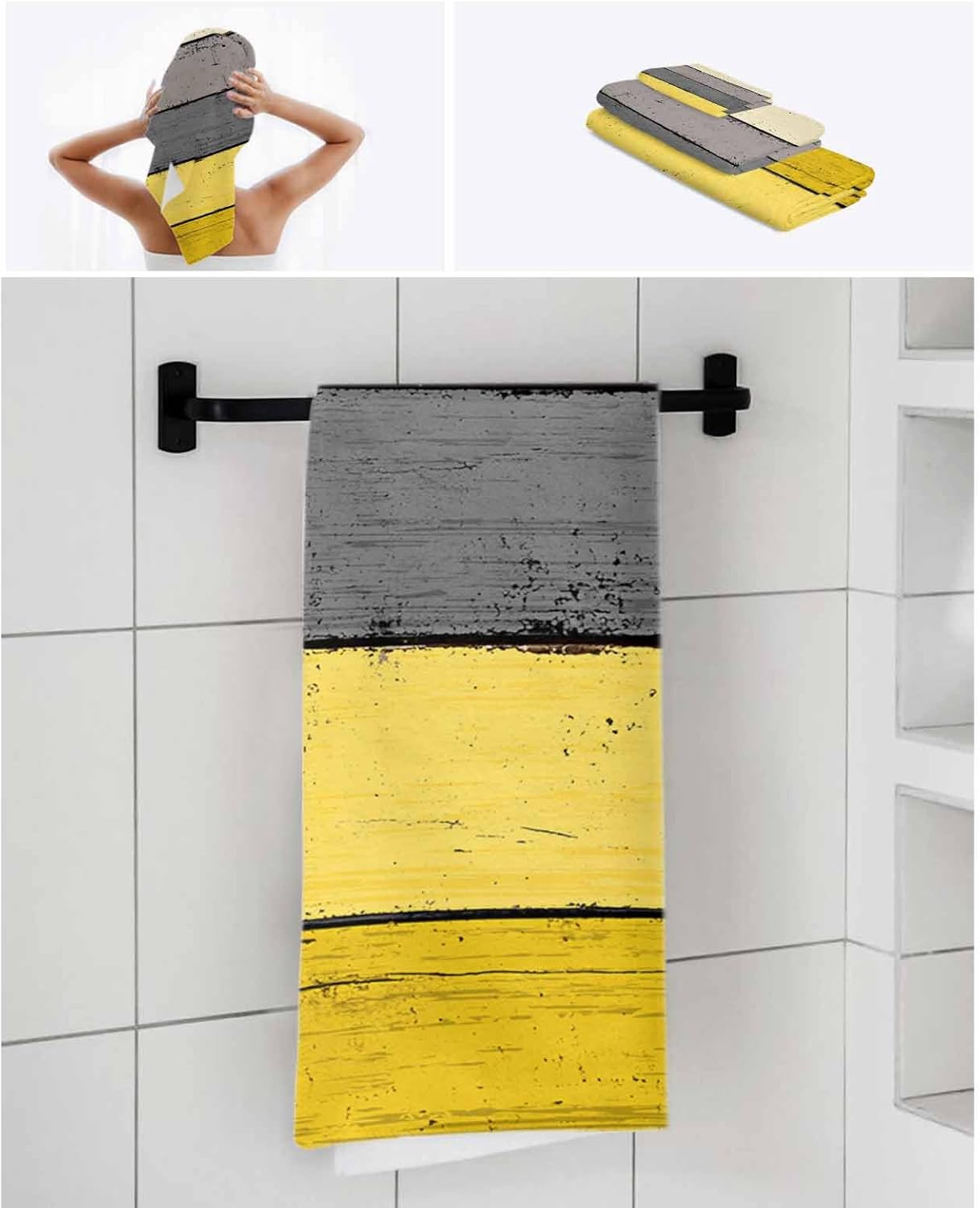 Barn Wood Board Grey Yellow Ombre Stripes 3 Piece Bath Towels Set, Gray Blue Gradient Soft & Absorbent Towel for Bathroom, Hotel (1 Bath Towel 30x60, 1 Hand Towel 16x28, 1 Washcloth 13x13)