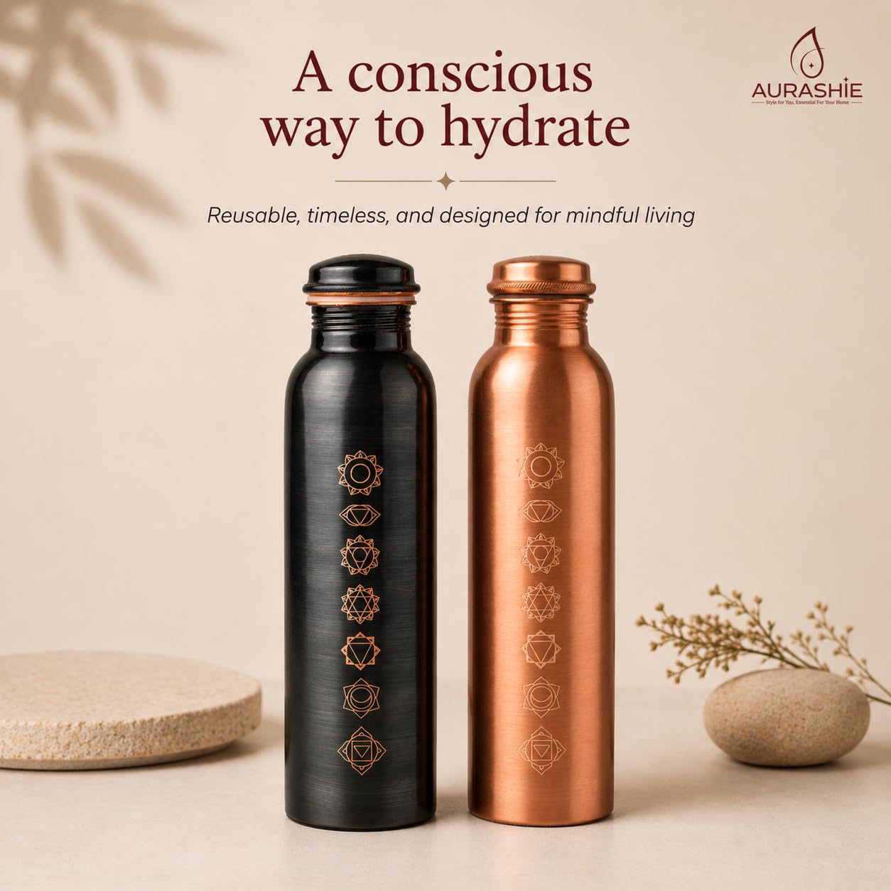 Pure Copper Water Bottle - 1L with Chakra Design -8