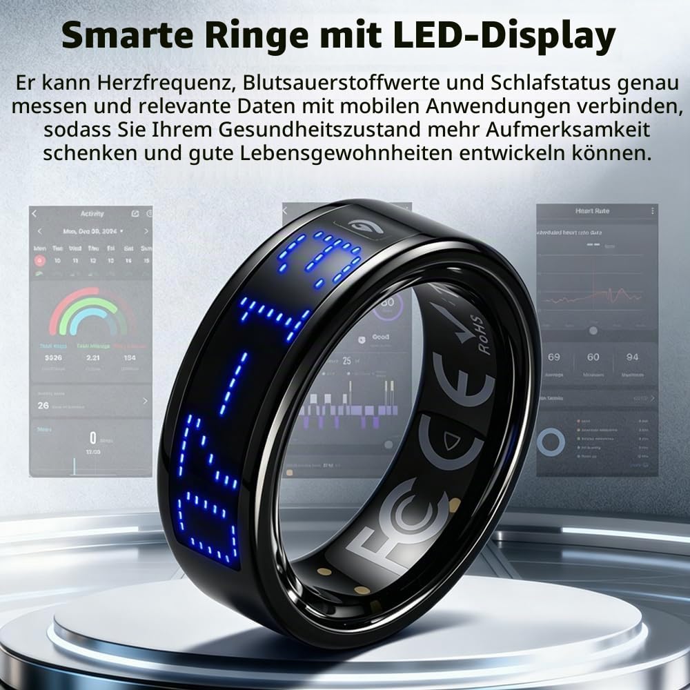 Smart Ring mit LED-Anzeige & Touchsteuerung – IP68 Fitness Tracker mit Multisport Modus – Überwachung von Schlaf, Herzfrequenz & SpO2 – Kompatibel mit Android- & iOS-Smartphones