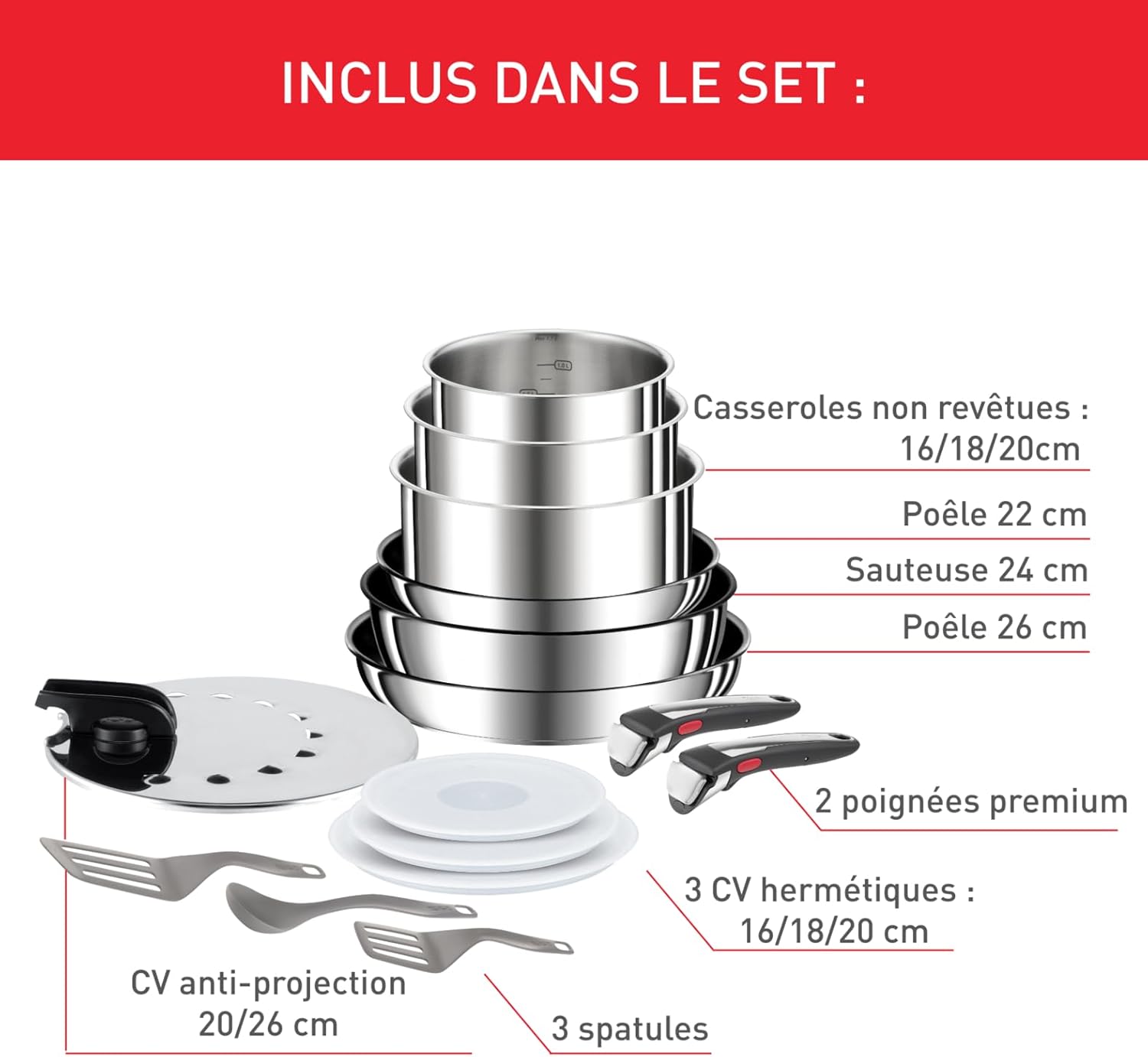 Tefal Ingenio Preference ON 15 piece Non-Stick Pan Set, 22&26cm Frying Pans, 16&18&20cm Saucepans, 24cm Sautepan, Stainless Steel, Universal Lid, 16&18&20cm Hermetic Lids,Utensils, 2 Handles, L9749532