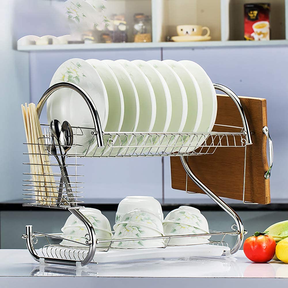 YUOdtuDX draining rack, Drainer Shelf for Kitchen, Stainless Steel Dish Drying Rack with Utensil Holder/Drain Board/Cutting Board Bracket Cutlery for Glass, Cup, Plate - Absorbent Counter Mat
