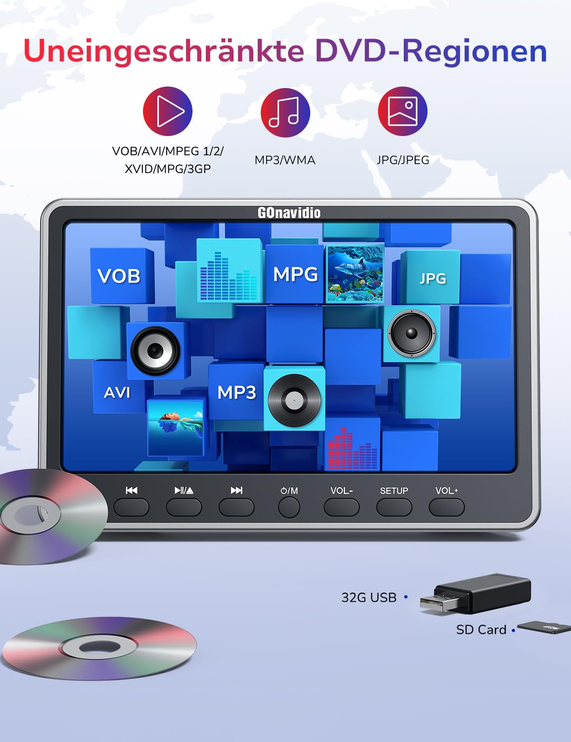 GOnavidio 12" Auto DVD Player mit HDMI-Eingang, Kopfhörer, Montagehalterung, Doppellautsprecher, DVD Player Auto Kopfstütze, Auto Fernseher unterstützt Sync Screen, AV EIN- und Ausgang ohne Akku