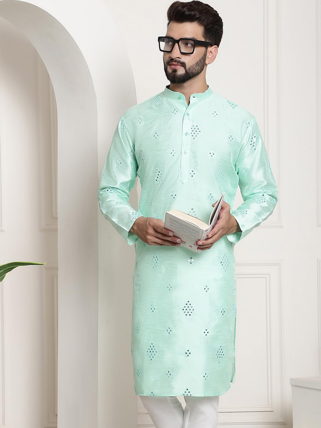 Sojanya (Since 1958 Men's Silk Blend Mirror Work Sea Green Only Long Kurta