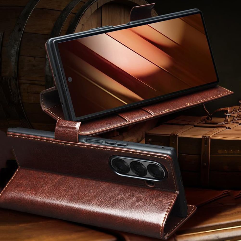 Wallet Case for Samsung Galaxy Z Fold 7, Classic Luxury Genuine Cowhide Leather Phone Cover Card Slots Flip Full Protection Internal Shell Brown