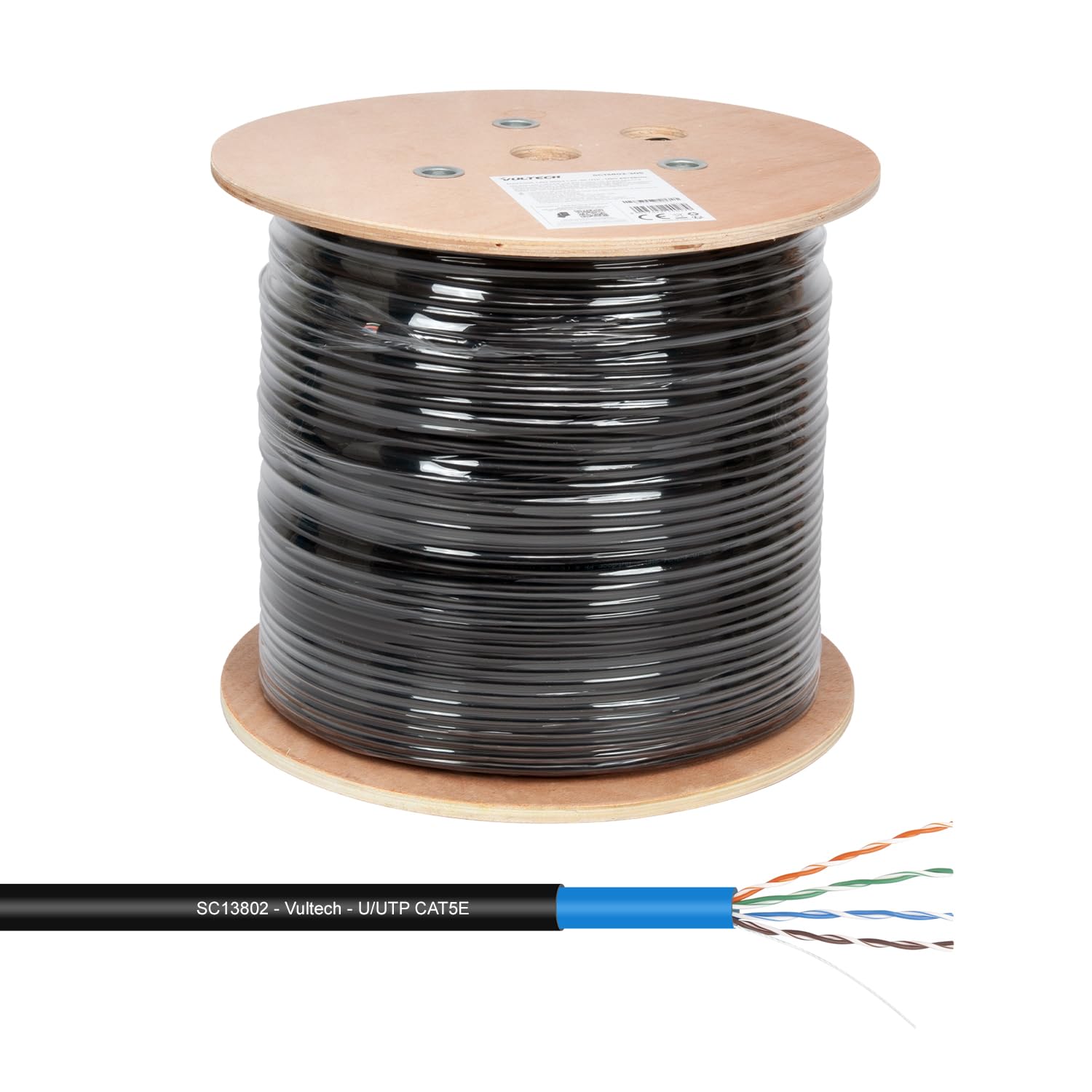 VulTech SC13802-305 Bobina Bobina Lan Cat 5e UTP 305 metros 24AWG para exterior doble vaina PE+LSZH Ethernet cable red instalaciones alta velocidad 1Gbps protección contra rayos UV/agua 100Ohm, 100Mhz