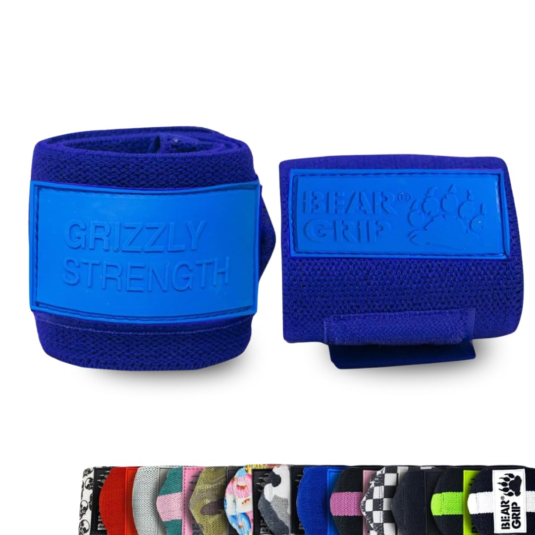 BEAR GRIP - Premium Heavy Duty Weight Lifting Wrist Wraps, Bodybuilding, Crossfit, Powerlifting, StrongMan (Blue/Blue, 18 Inches)