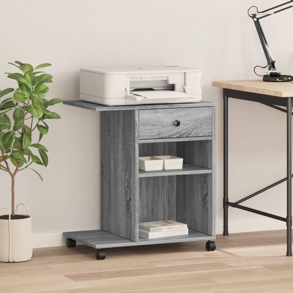 Druckerständer mit Rollen Grau Sonoma Holzwerkstoff 60x40x68,5 cm mit 4 Rollen und 2 Bremsen Flexibler Druckertisch Büroorganisation Homeoffice Ablagefach