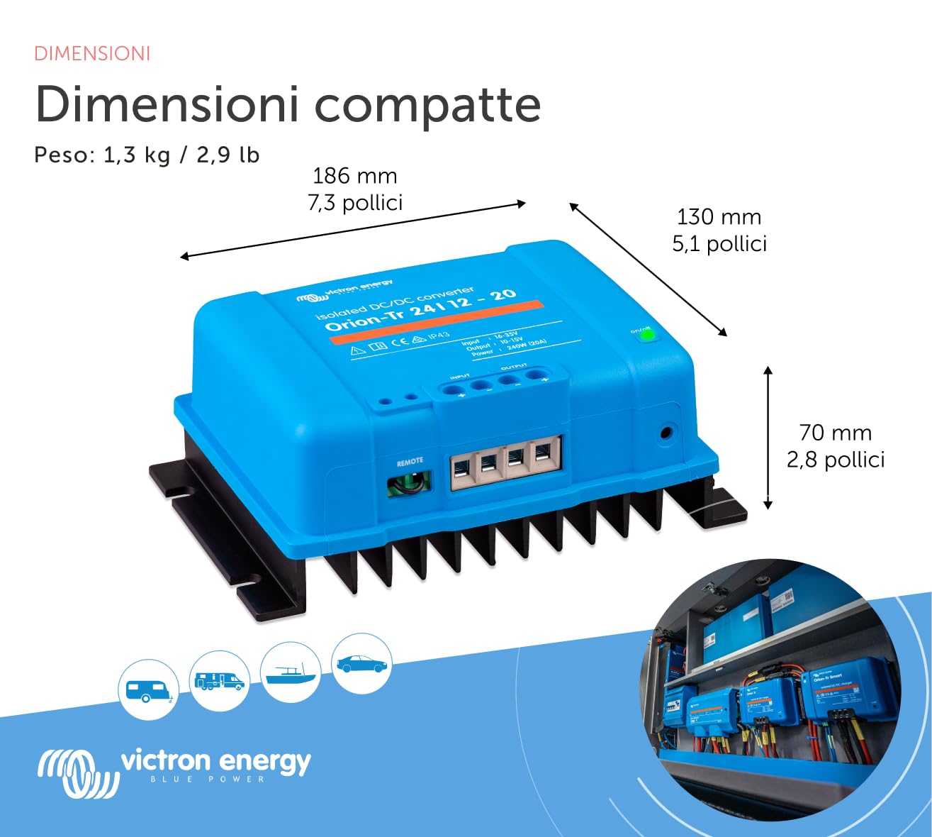 Victron Energy Orion-TR IP43 24/12-Volt 20 amp 240-Watt Convertitore DC/DC, Isolato