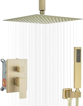 12 Inch Ceiling Mount Brushed Gold Shower System Bathroom Luxury Rain Mixer Shower Combo Set Ceiling Rainfall Shower Head System Contain Shower Faucet Rough-in Valve Body and Trim Kit