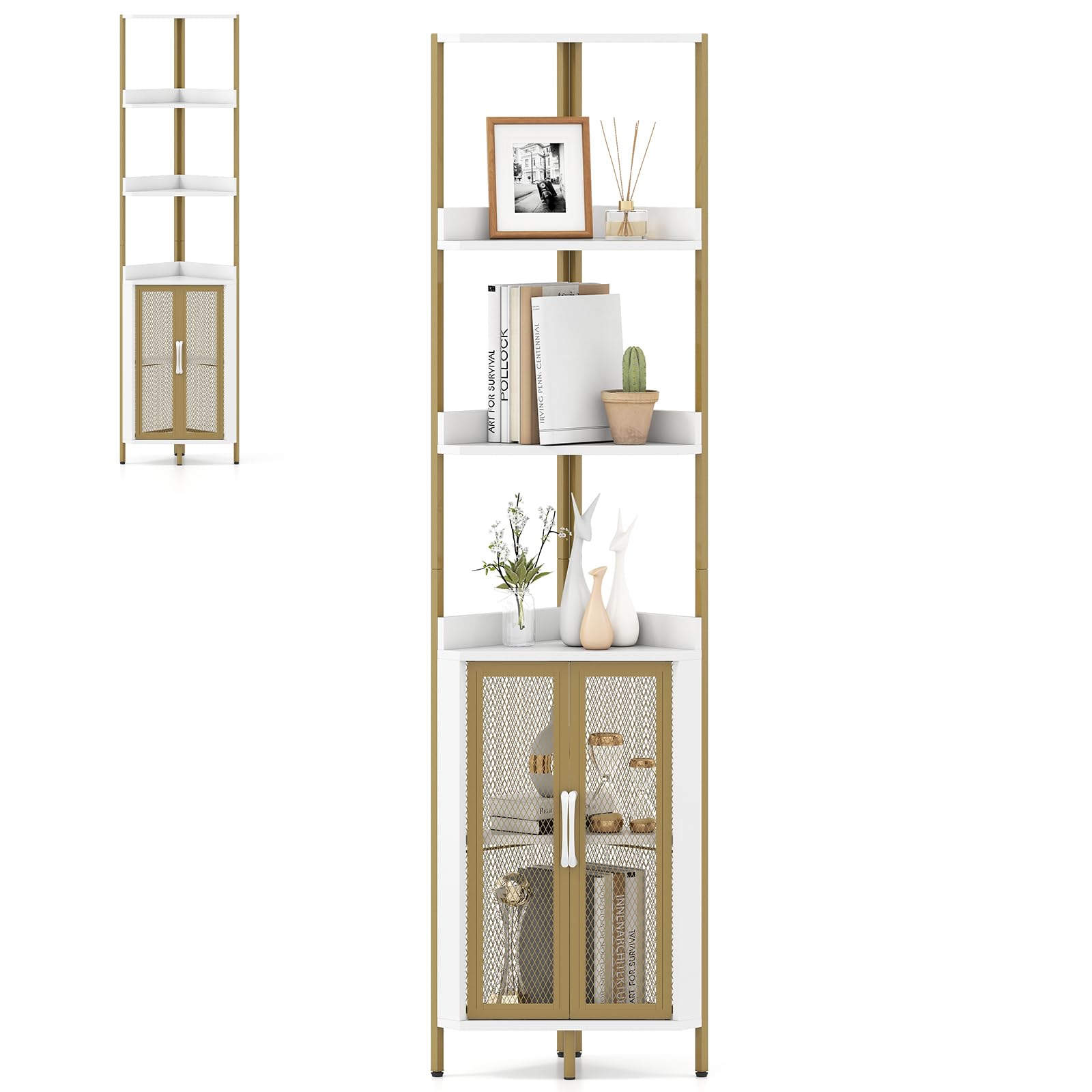 HOMASIS Scaffale ad Angolo, Mobiletto Angolare a 4 Ripiani e Armadietto, Portaoggetti di Legno, Mensola Industriale in Soggiorno, Studio, Cucina, Camera da Letto (Bianco, 32 x 170 cm)