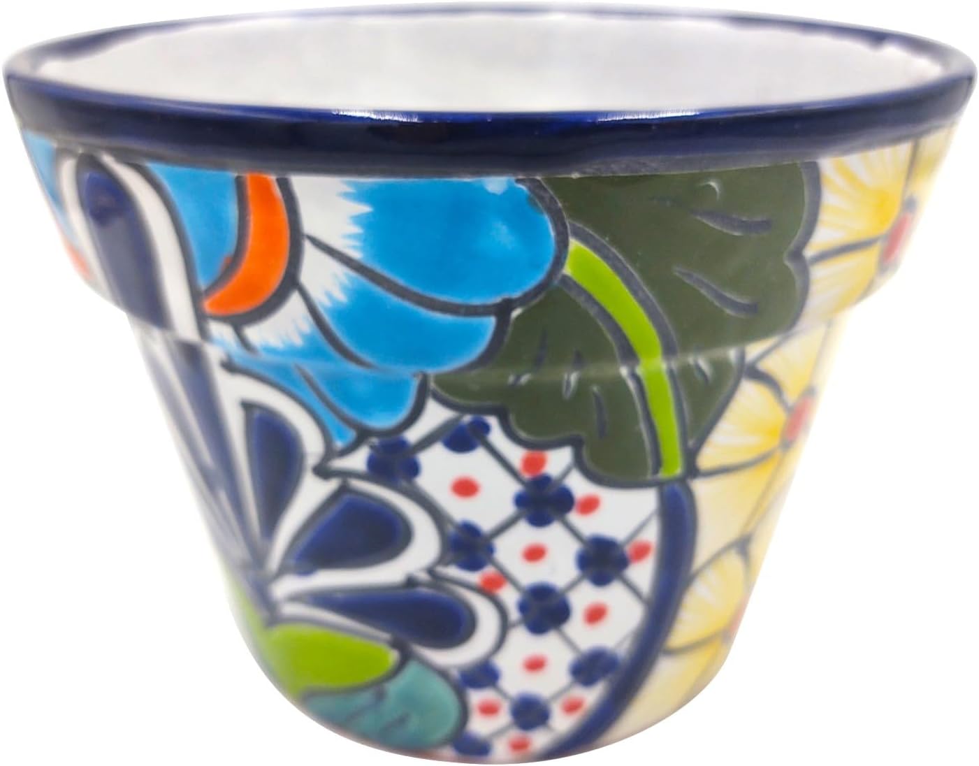 Cactus Canyon Ceramics MACETA GRANJA Mexican Talavera Planter Pot (9" W x 9" L x 6.5" H) Hand Painted - RED Trim - Mexican Decor Planter